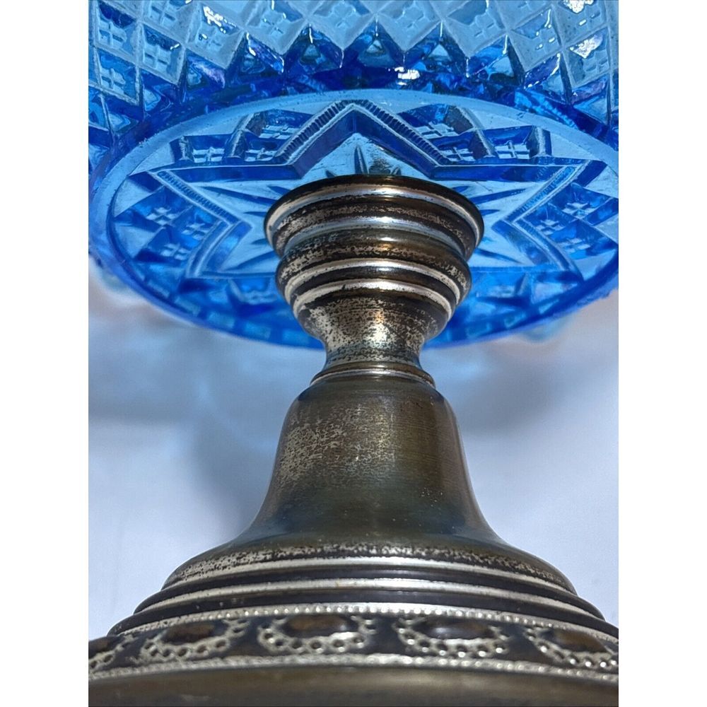 Blue Crimped Ruffled Candy Dish Compote Art Glass 6 Star Paisley Pattern - Picture 4 of 12